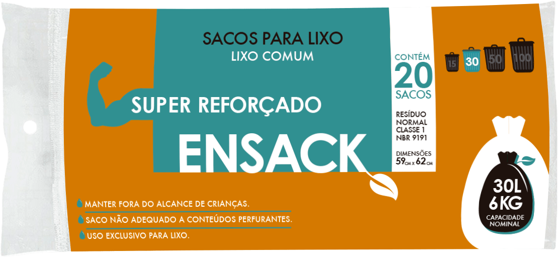 SACO LIXO PRETO ENSACK REFORÇADO 30L 59X62CM- ROLO 20 SACOS