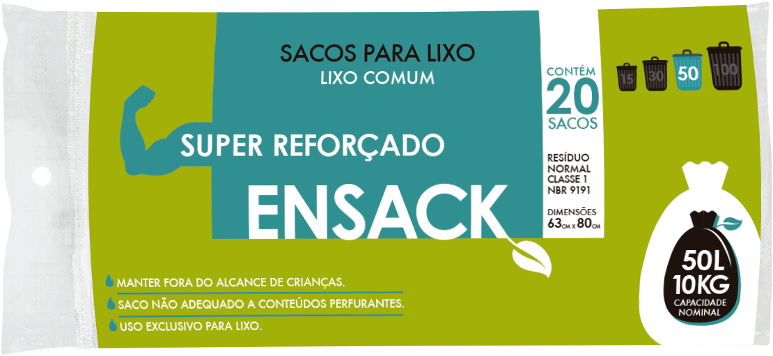 SACO LIXO PRETO ENSACK REFORÇADO 50L 63X80CM-ROLO 20 SACOS