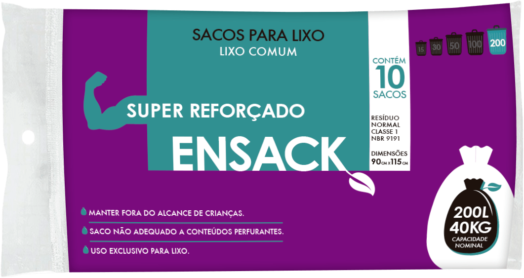 SACO LIXO PRETO ENSACK REFORÇADO 200L-90X115CM-ROLO 10 SACOS
